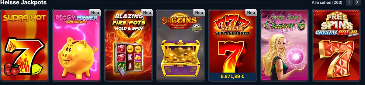 German casino lobby row titled “Heisse Jackpots” showing slot tiles like Supra Hot, Piggy Power (new), Blazing Fire Pots Hold & Spin (new), 36 Coins (new), 7 Streak Supercharged (new) with a €6,871.89 jackpot, Lucky Lady’s Charm Deluxe 6, and Free Spins Crystal Hot 40.