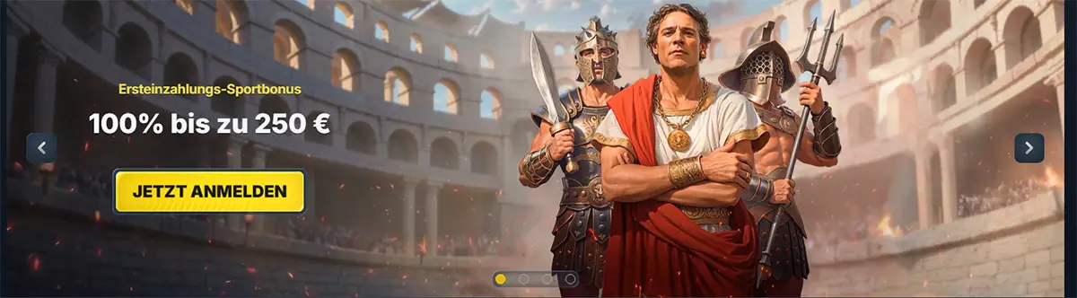 German sports welcome bonus banner in a Roman colosseum scene, reading “Ersteinzahlungs-Sportbonus 100% bis zu 250 €” with a yellow “Jetzt anmelden” button, featuring a leader in a red toga flanked by two armoured gladiators.